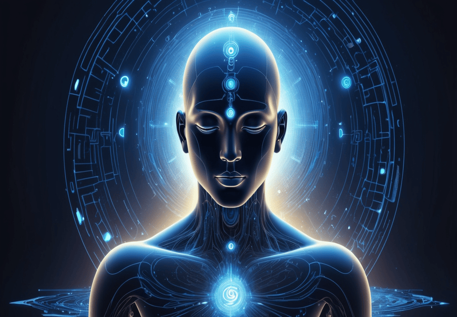 A futuristic image depicting the fusion of technology and spirituality, featuring digital elements and a serene, mindful atmosphere.