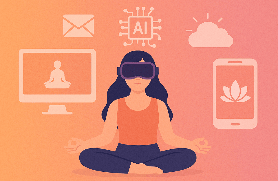 A futuristic image featuring a girl interacting with AI and VR devices, symbolizing the evolving relationship between technology and human