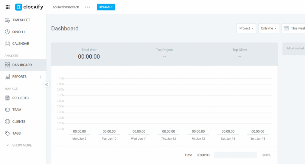 Clockify dashboard displaying time tracking, project management, and team productivity insights for efficient workflow management