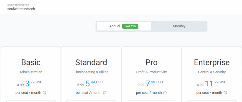 Clockify pricing plans displayed in a structured format, highlighting Free, Basic, Standard, Pro, and Enterprise options for teams
