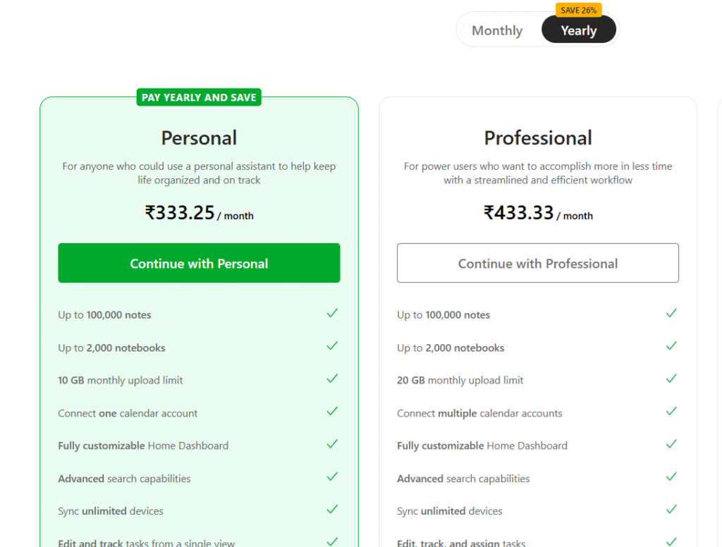Evernote pricing plans displayed in a structured format, highlighting Free, Personal, Professional, and Enterprise options for users