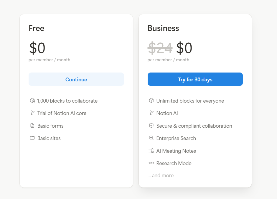 Notion pricing plans displayed in a structured format, highlighting Free, Plus, Business, and Enterprise options for different user needs