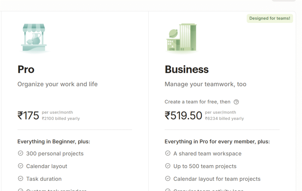Todoist pricing plans displayed in a structured format, highlighting Free, Pro, and Business options for individuals and teams