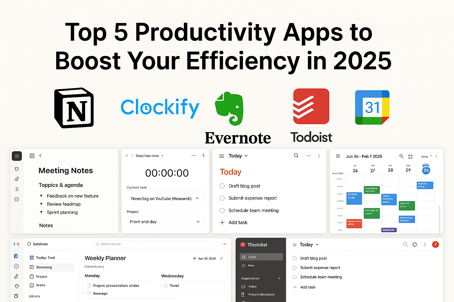 Top 2025 productivity apps—Notion, Clockify, Evernote, Todoist, Google Calendar—boosting daily efficiency